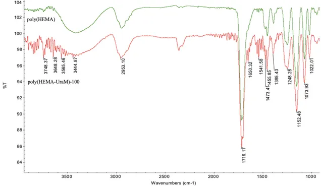 Figure 1: FTIR spectrum of poly(HEMA) and poly(HEMA-UraM)-100 membranes 