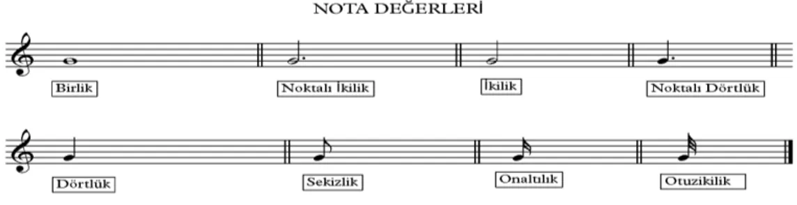 Tablo  8  incelendiğinde  analiz  edilen  kitap  içinde  yazılmış  olan  eserlerde  aşağıda Şekil 5’te verilen tüm nota değerlerinin kullanıldığı görülmektedir