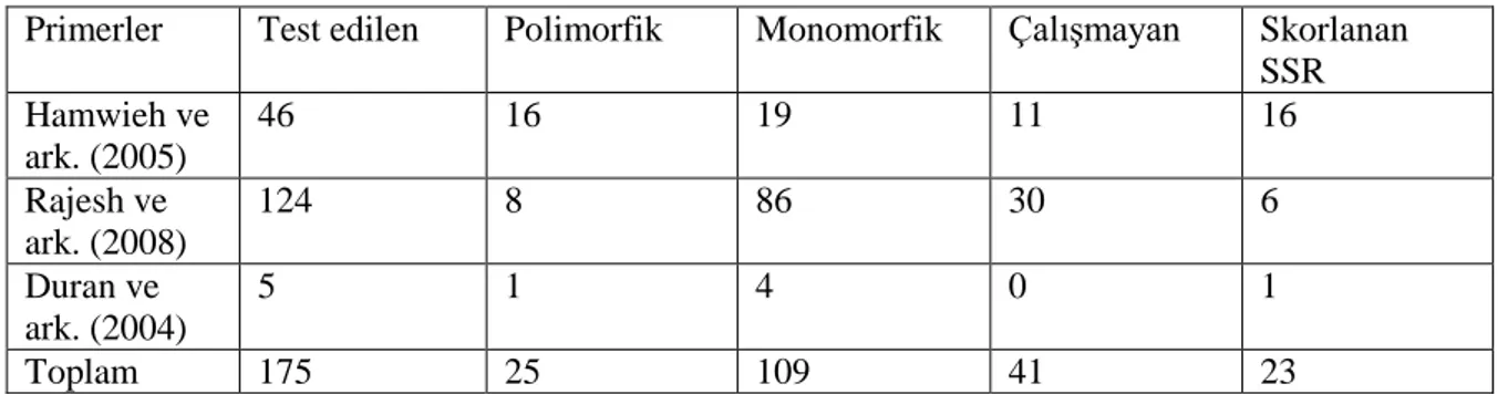 Çizelge 1. Çalışmada kullanılan SSR primerlerine ait polimorfizm test sonuçları 