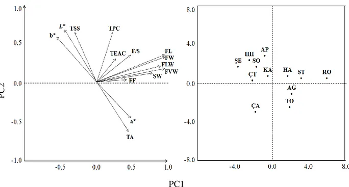 Figure  1.  Segregation  of  apricot  cultivars  according  to  pomological  and  phytochemical  characteristics determined by principal component analysis 