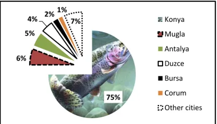 Figure 6: Geographical distribution of trout fish catching in 2008 in different cities of Turkey 