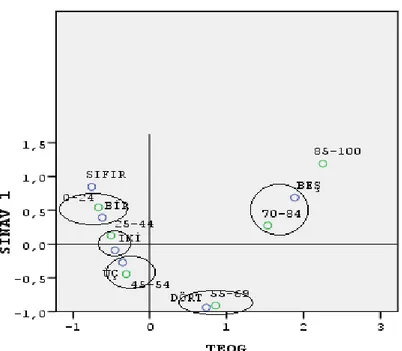 Şekil 1. TEOG ve Sınav 1 Değişkenleri İçin Çoklu Uyum Analizi Gösterimi   (Sınav 1 sonuçları sözel ifadeyle, TEOG sonuçları sayısal değerle gösterilmiştir.)  Şekil  1’e  bakıldığında,  TEOG  sınav  notlarının  birinci  sınav  notlarına  göre  bir  puan  ar