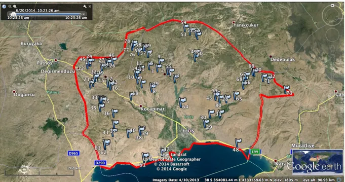 Şekil  1.  Türün  dağılış  sınırlarının  belirlenmesi  için  arazi  çalışması  yapılan  alanın  ve  lokalitelerin Google Earth görüntüsü 