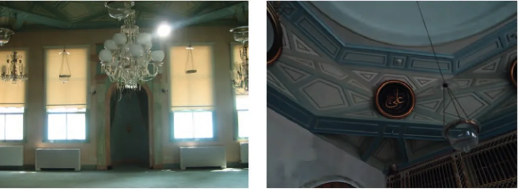 Şekil 13. Solda Yahya Efendi Camii Mihrabı (Pekerler İnşaat Arşivi, 2013); Sağda Yahya Efendi  Camii tavanı görülmektedir