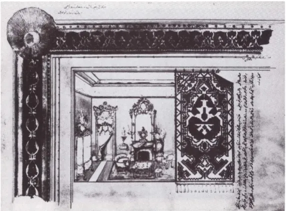 ġekil 38-39: Sultan Abdülhamid Han‟a sunulan bir ġark odası ile bir salon takımının suluboya  resimlerini gösteren resimler 