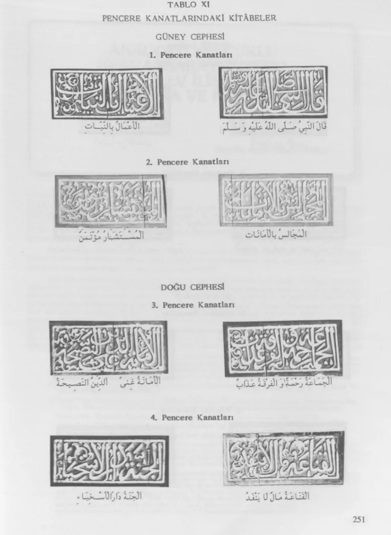 TABLO XI  P E N C E R E  K A N A T L A R I N D A K İ KİTÂBELER  G Ü N E Y CEPHESİ  1. Pencere Kanatlan  ^ 4  mı  m  2