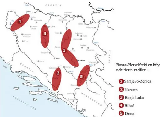 Şekil 2.2.13: Bosna Hersek'teki en büyük nehir vadileri ve kentleşme alanları.  