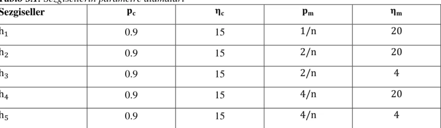 Tablo 3.1. Sezgisellerin parametre atamaları 