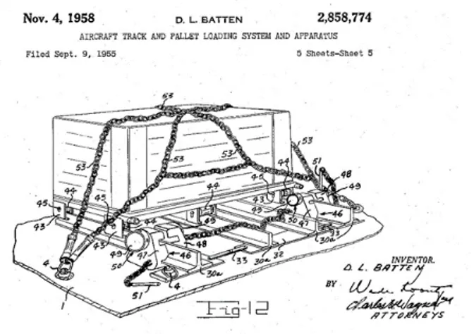 Figure 4. Patent of aircraft floor and pallet loading system and apparatus  design registered in 1958 on behalf of Dallas Lee Batten (Lee, 1958)
