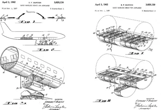 Figure 6. The patent for cargo loading systems, registered to Edward F.  Burton, dated 1962 (Burton, 1962)