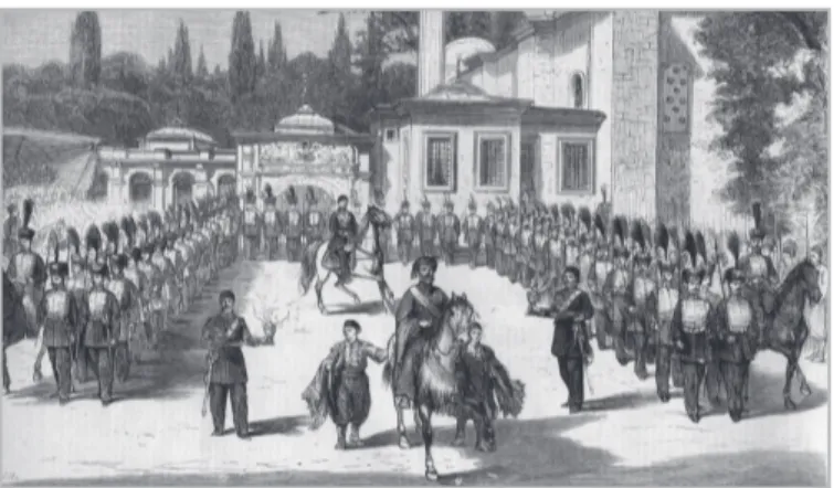 Şekil 6. Sultan II. Abdülhamid Han, kılıç kuşanmasından sonra alay ile saraya dönerken  Eyüp’te (Karateke, 2014) 