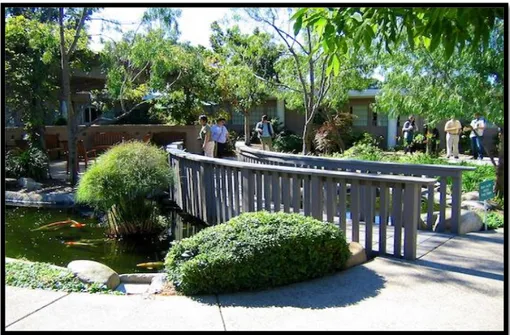 Şekil 3.3: Sharp Mesa-Vista Psikiyatri Hastanesi Terapi Bahçesinde oluşturulmuş  süs havuzu ve gezinti mekânları, San Diego/ABD (URL 5) 