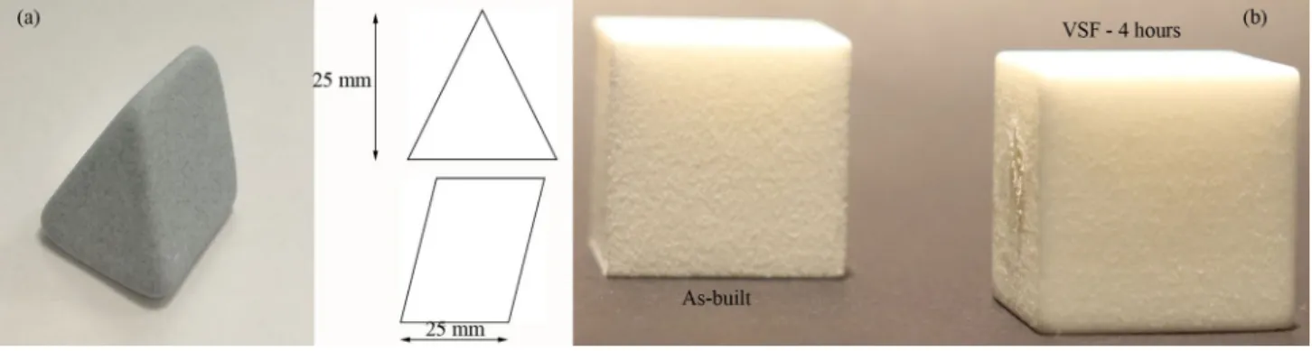 Fig. 2   Shape and size of the cement granule used in the VSF process. A direct visual image of the effect of the VSF process of b 4 h on the a  as-built SLS PA2200 cubic samples