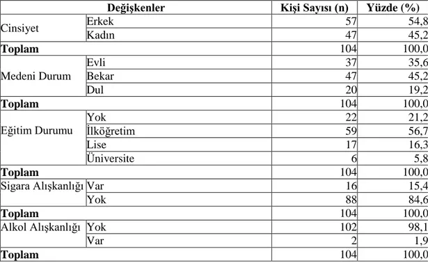 Tablo  6.  Örneklemin  Bakım  Verilen  Hastaların  Sosyodemografik  Özellikleri  Açısından Dağılımı 