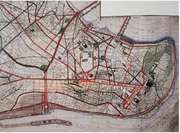 Şekil 3.6 İstanbul tarihi yarımada da yol şeması plan etüdü (Henry Prost, 1937)  1950-1956  arası  Prost  planlarının  revizyon  çalışmaları  yürütülmüştür