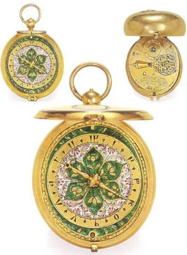 ġekil 2.16, Abraham Arlaud I tarafından yapılmıĢ cep saati, 1660, Sandberg Kitabı 87 Osmanlı sarayında, saat çeĢitlerinin bolluğunun bulunduğu bilinmektedir