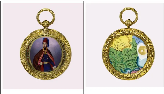 ġekil 2.18, Sultan Abdülmecid‟in portresini ve Balkanlar haritasını içeren altın bir  cep saati, Ġsviçre, 1840  90