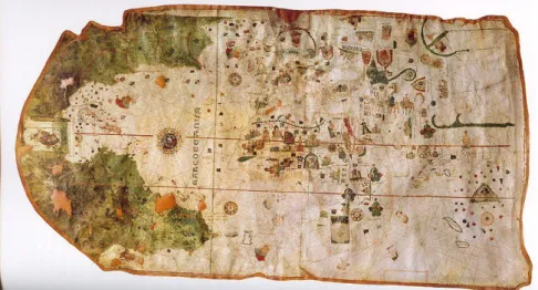 Şekil 17. Amerika’nın resmedildiği en eski haritalardan biri olan İspanya Denizcilik  Müzesi’nde bulunan Juan de la Cosa haritası (Url-14)