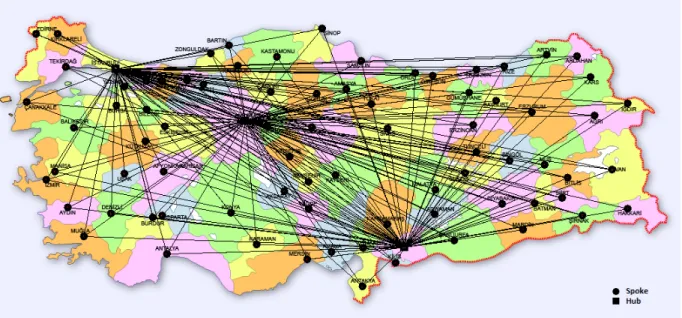 FIGURE 10. The first Pareto optimal solution that represents a hub network with all hub-to-hub and hub-to-spoke links obtained by our approach.