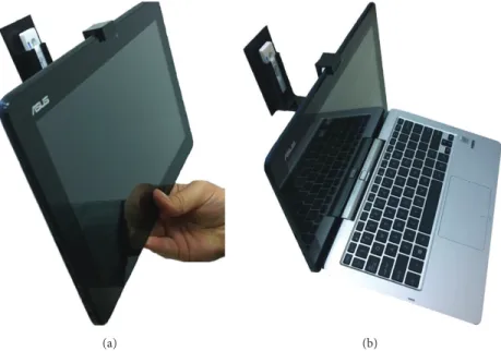 Figure 3: (a) A view of a tablet and worn RDT holder. (b) A view of a laptop and worn RDT holder.