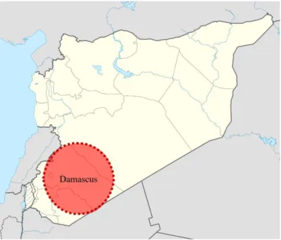 Figure 1.1: Location of Damascus and surrounding study area in Syrian map and colored by Author  (Url-1)