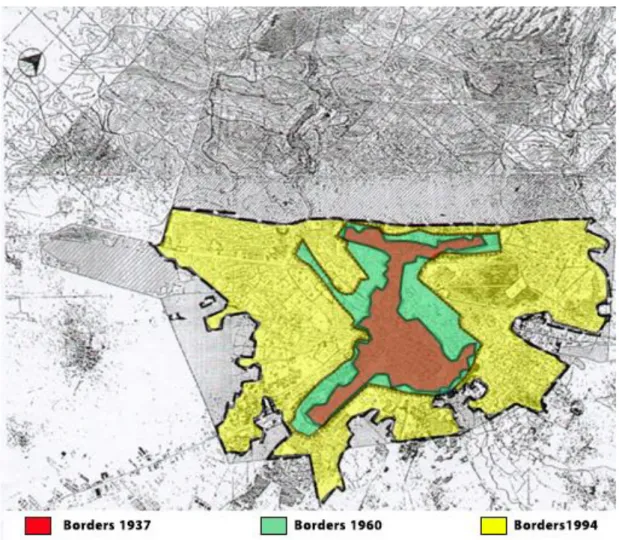 Figure 2.34: Comparison among the borders of Damascus city during 1937-1960-1994 (Damascus  university, Faculty of architecture, 2009) and colored by Author