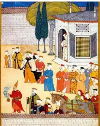 Şekil 2.4.  Surname’ de Sultan III. Ahmed’ in Saray-ı Atik-i ziyaretini tasvir eden bir  minyatür