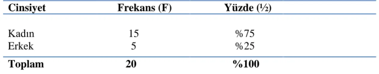 Tablo 4.1.1.1. Cinsiyete İlişkin Frekans ve Yüzde Değerleri  Cinsiyet        Frekans (F)             Yüzde (½)  Kadın            15                 %75  Erkek             5                 %25  Toplam           20                %100 