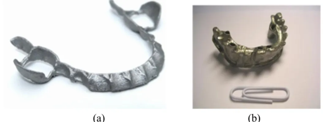 Figure 11 Dental applications. (a) Aligner in EOS CoCr MP1, (b) Dental device in EOS  Titanium Ti64 [2]
