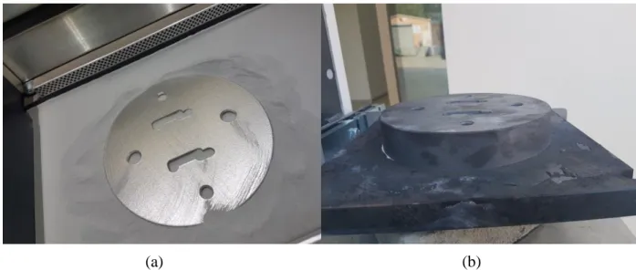 Figure 4. Extrusion die, (a) as produced in EOS M290 machine and (b) after stress relieving