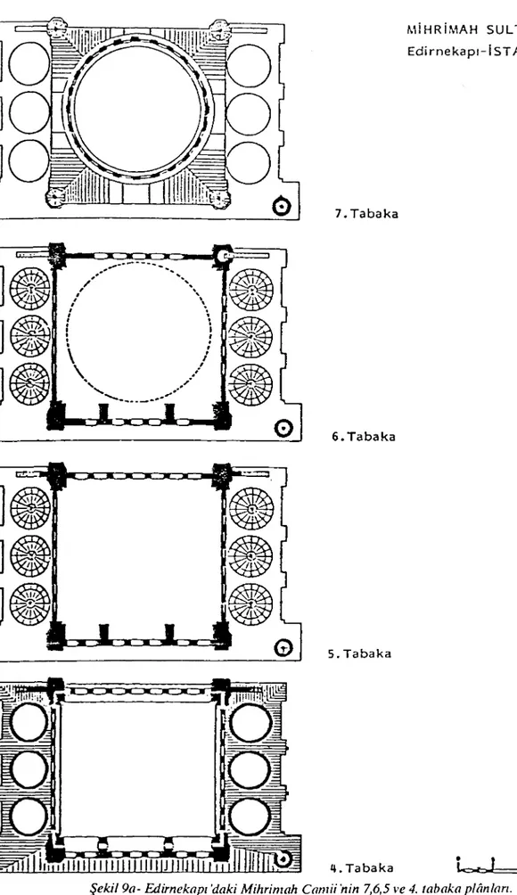 Şekil 9a- Edirnekapı 'daki Mihrimah Camii 'nin 7,6,5 ve 4. tabaka plânları. 