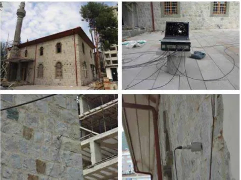 Şekil 13. Büyük Gülbahar Camisindeki restorasyon sonrası ölçümde ivmeölçer yerleşimleri ve veri topla- topla-ma sistemine ait görüntüler