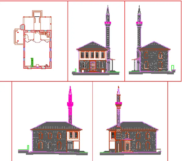 Şekil 4. Büyük Gülbahar Camisi kat planı ve cephe görünüşleri (Restorasyon Projesi, 2012)