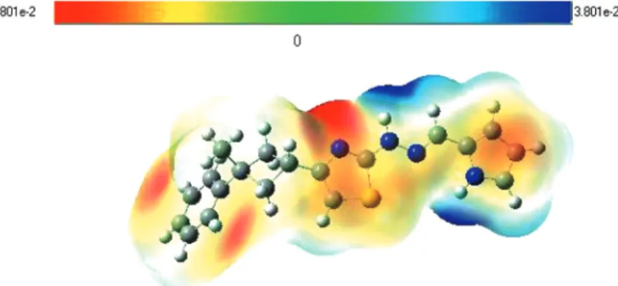 Figure 5. Molecular electrostatic potential map of the compound (1) with DFT=B3LYP= 6–311G  method.