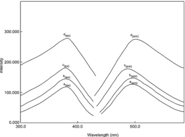 Fig. 2. Excitation and emission spectra of MMT dye in different solvents and PVC. (a) THF ( ex = 380 nm,  em = 493 nm), (b) DMF ( ex = 379 nm,  em = 495 nm), (c) EtOH ( ex = 378 nm,  em = 487 nm), (d) PVC ( ex = 384 nm,  em = 502 nm).