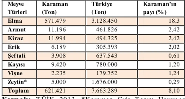 Tablo 1. Bazı M eyve Türlerinin Türkiye ve Karaman‟da  Üretim Miktarları ve Karaman‟ın Türkiye Üretimindeki  Payına İlişkin 2013 Yılı  Değerleri 