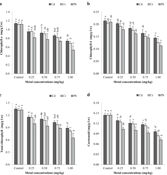 Fig. 4    Photosynthetic pigment values for chlorophyll a (a), chloro- chloro-phyll b (b), and total chlorochloro-phyll (c) and carotenoid (d) contents of  B