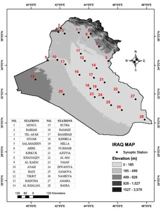 Fig. 1 The spatial distribution and geographic conditions of the meteorological stations in Iraq