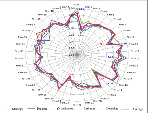 Figure 1: The comparison of all participant firms with each other and ideal values                                                 Table 2: Statistics of the sub-dimensions 