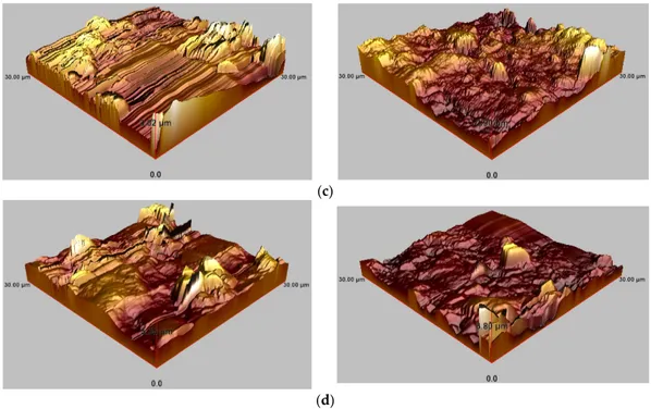 Figure 8. Three-dimensional atomic force microscope (AFM) images of the drilled holes at different  feed rates