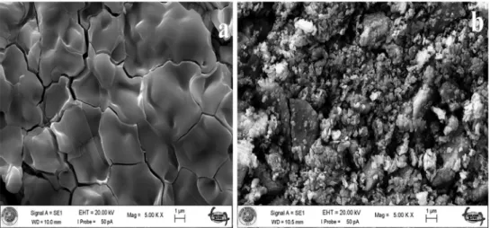 Fig. 5 SEM images of a Ba 3 Al 2 O 6 :Eu 3? , Ho 3? and b MgAl 2 O 4 :Eu 3? , Ho 3? 0 200 250 300 350 400 450 500389 nmf–f transitions ofEu3+465 nm265 nm 590 nm541 nm5D17F0 7 F 35D0 7 F 45D07F25D07F15D0649 nm608 nm702 nmEmissionExcitationEu3+–CT550 600 650