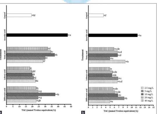 Figure 4: Total antioxidant capacity levels of different lichen secondary metabolites on cells (a) for primary rat cerebral cortex cells, (b) for U87MG  cells