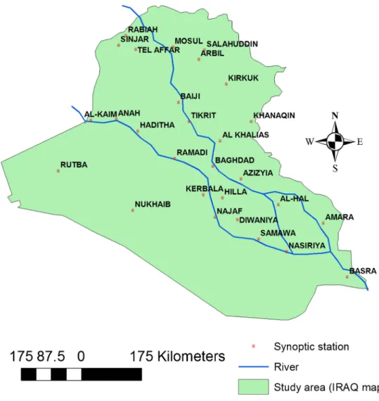 Fig. 1 Location of the meteorological stations in Iraq
