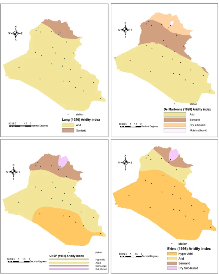Fig. 2 The spatial variability of aridity based on Lang ’s (Im), De Martonne’s (Am), UNEP (AIu), and Erinç (I E ) aridity indices (1980 –2011)