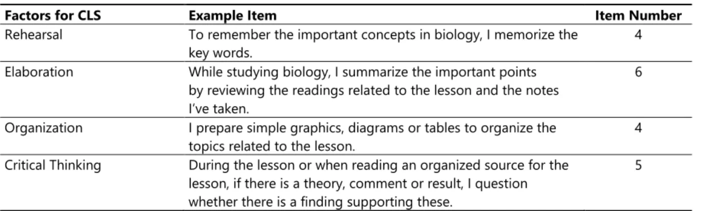 Table 2.  CLS factors, example items and item numbers 