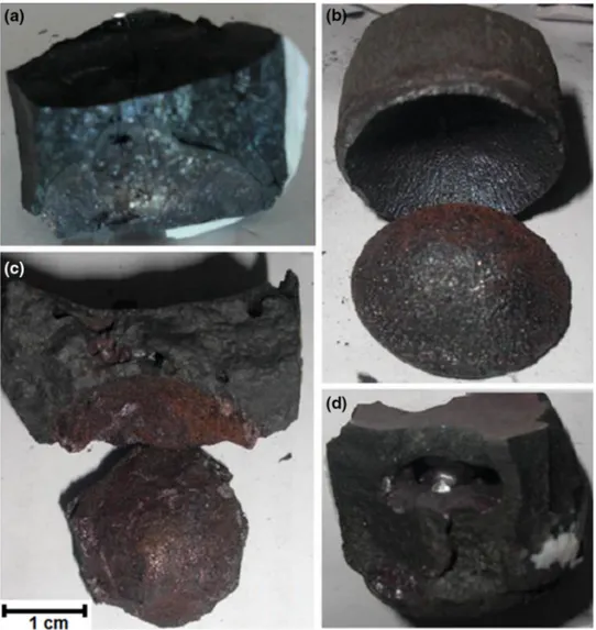 Fig. 5. The separated matte–slag phases after experiments (at 1250°C for 2 h under nitrogen atmosphere) with the addition of CaO: (a) 2 wt.%, (b) 4 wt.%, (c) 6 wt.% and (d) 10 wt.% (matte sticking to the slag).