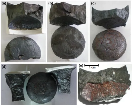 Fig. 6. The separated matte–slag phases after experiments (at 1250°C for 2 h under nitrogen atmosphere) with the addition of CC: (a) 2 wt.%, (b) 4 wt.%, (c) 6 wt.%, (d) 10 wt.%, and (e) without CC addition.
