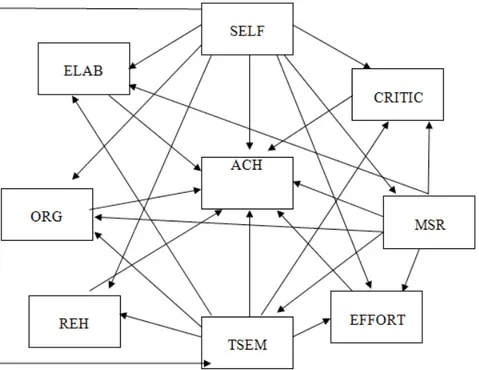 figure 1:   conceptual path model evaluating self-efficacy (seLf), rehearsal (reh), elaboration (eLAB),  organization (orG) and critical thinking (critic), metacognitive self-regulated learning  strategies (msr), time/study environmental management (tsem),