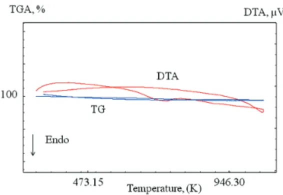 Fig. 3. DTA/TG plot of d-Bi 2 O 3 doped with 17% mol Lu 2 O 3 .