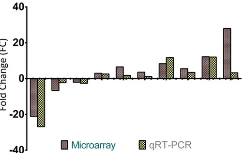 Fig 4. Validation of the microarray data with qRT-PCR. The expressions of six genes of interest between different groups were analyzed using Affymetrix microarray and qRT-PCR